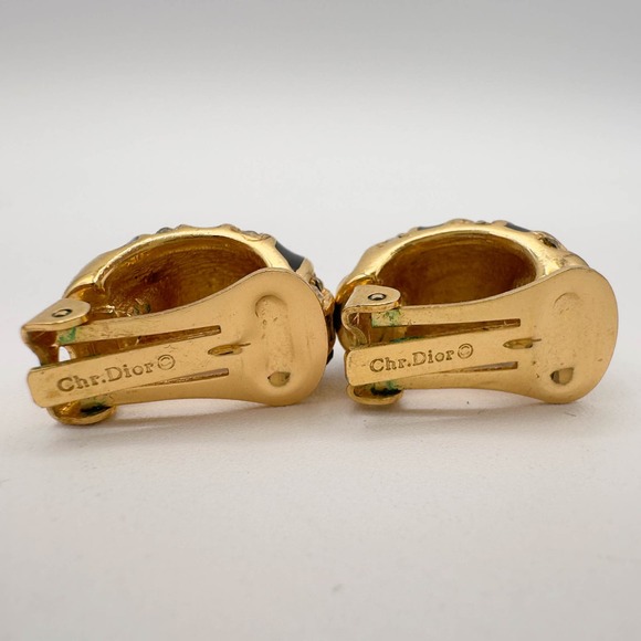 Christian Dior Gold Tone Half Hoop Clip-On Earrings Black Enamel Clear Stones - Picture 5 of 13